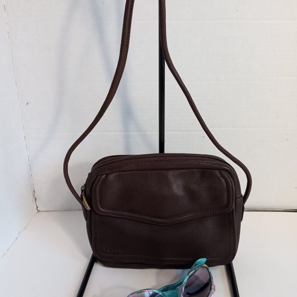 Rare 1980s FOSSIL Dark Coffee Brown Leather Compact Crossbody Organizer - Picture 2 of 12